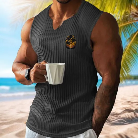 Online OUKU Men's Vest Top Undershirt Sleeveless Shirt Sleeveless V Neck Spring & Summer Pattern Fashion Designer Vacation Street Going out White Wine Dark Navy Top Tee for Men