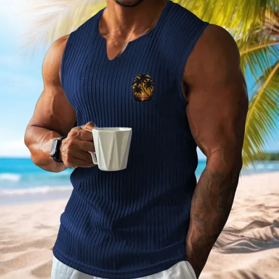 Online OUKU Men's Vest Top Undershirt Sleeveless Shirt Sleeveless V Neck Spring & Summer Pattern Fashion Designer Vacation Street Going out White Wine Dark Navy Top Tee for Men