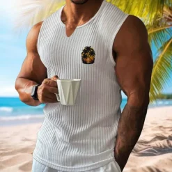 Online OUKU Men's Vest Top Undershirt Sleeveless Shirt Sleeveless V Neck Spring & Summer Pattern Fashion Designer Vacation Street Going out White Wine Dark Navy Top Tee for Men