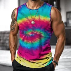 Online OUKU Men's Vest Top Undershirt Sleeveless Shirt Sleeveless Crewneck Spring & Summer Tie Dye Fashion Designer Vacation Street Going out Blue Purple Orange Top Tee for Men