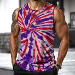 Online OUKU Men's Vest Top Undershirt Sleeveless Shirt Sleeveless Crewneck Spring & Summer Tie Dye Fashion Designer Vacation Street Going out Blue Purple Orange Top Tee for Men