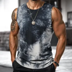 Online OUKU Men's Vest Top Undershirt Sleeveless Shirt Sleeveless Crewneck Spring & Summer Tie Dye Fashion Designer Vacation Street Going out Blue Purple Orange Top Tee for Men