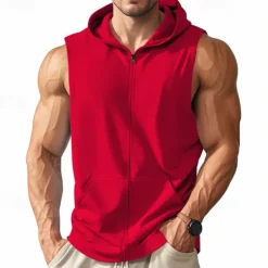 Sale OUKU Men's Vest Top Vest Undershirt Sleeveless Hooded Summer Plain Fashion Designer Basic Classic Vacation Street Going out Black Red Light Grey Top Tee for Men
