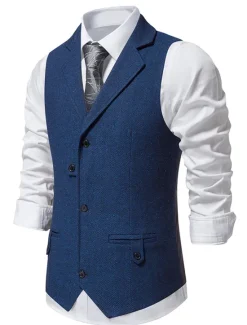 Online OUKU Men's Vest Waistcoat Business Evening Party Valentine's Day Vintage Fashion Spring & Fall Button Polyester Comfortable Plain Single Breasted Lapel Regular Fit Blue Dark Gray Brown Vest
