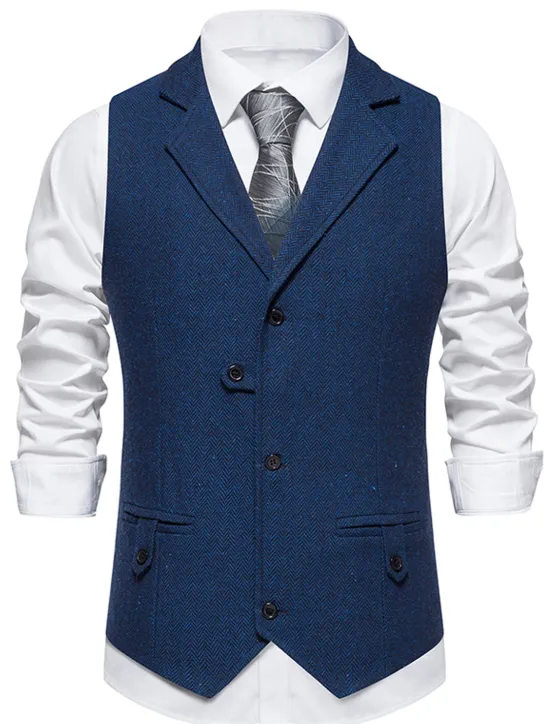 Online OUKU Men's Vest Waistcoat Business Evening Party Valentine's Day Vintage Fashion Spring & Fall Button Polyester Comfortable Plain Single Breasted Lapel Regular Fit Blue Dark Gray Brown Vest