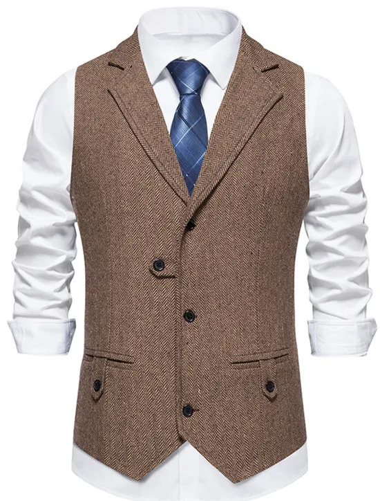 Online OUKU Men's Vest Waistcoat Business Evening Party Valentine's Day Vintage Fashion Spring & Fall Button Polyester Comfortable Plain Single Breasted Lapel Regular Fit Blue Dark Gray Brown Vest