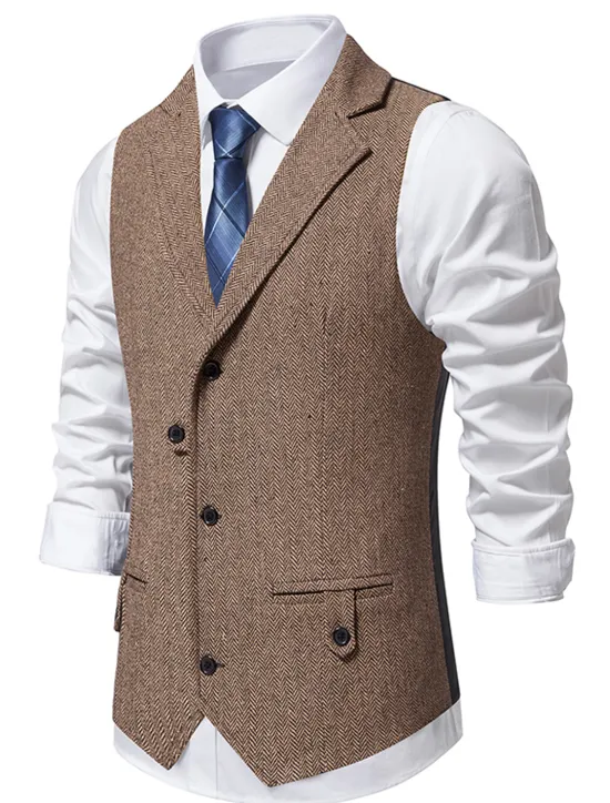 Online OUKU Men's Vest Waistcoat Business Evening Party Valentine's Day Vintage Fashion Spring & Fall Button Polyester Comfortable Plain Single Breasted Lapel Regular Fit Blue Dark Gray Brown Vest