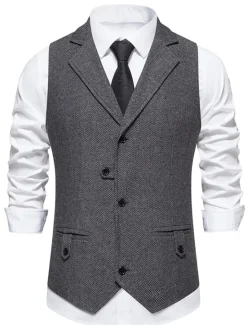 Online OUKU Men's Vest Waistcoat Business Evening Party Valentine's Day Vintage Fashion Spring & Fall Button Polyester Comfortable Plain Single Breasted Lapel Regular Fit Blue Dark Gray Brown Vest