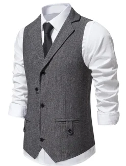 Online OUKU Men's Vest Waistcoat Business Evening Party Valentine's Day Vintage Fashion Spring & Fall Button Polyester Comfortable Plain Single Breasted Lapel Regular Fit Blue Dark Gray Brown Vest