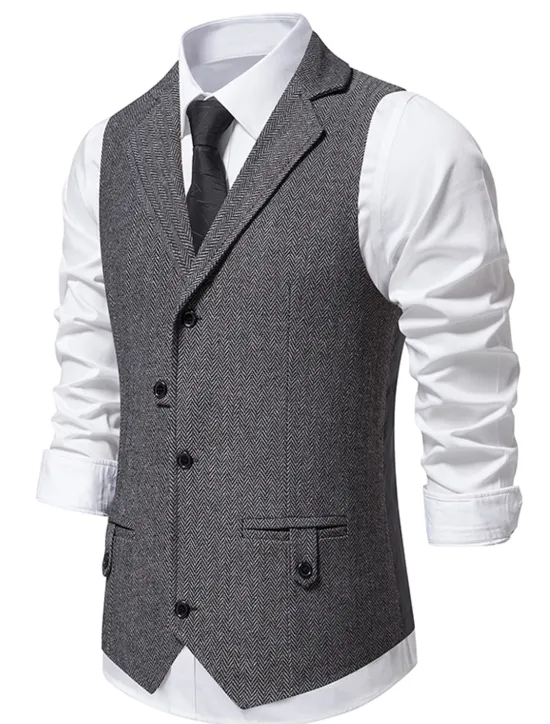 Online OUKU Men's Vest Waistcoat Business Evening Party Valentine's Day Vintage Fashion Spring & Fall Button Polyester Comfortable Plain Single Breasted Lapel Regular Fit Blue Dark Gray Brown Vest