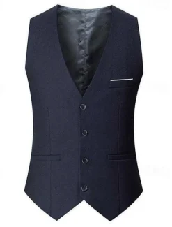 New OUKU Men's Vest Waistcoat Business Daily Wear Party & Evening Fashion Basic Spring & Fall Patchwork Polyester Comfortable Plain Single Breasted V Neck Regular Fit Black Red Navy Blue Gray Vest
