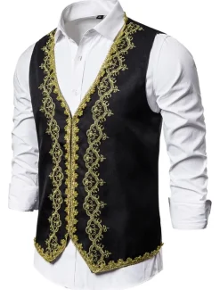 New OUKU Men's Vest Waistcoat Christmas Wedding Party New Year Medieval Renaissance Summer Spring Vintage Style Embroidery Polyester Cosplay Color Block V Neck Skinny Black White Red Vest
