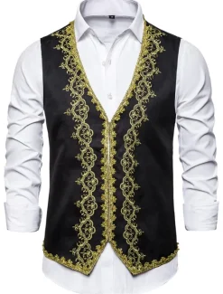 New OUKU Men's Vest Waistcoat Christmas Wedding Party New Year Medieval Renaissance Summer Spring Vintage Style Embroidery Polyester Cosplay Color Block V Neck Skinny Black White Red Vest