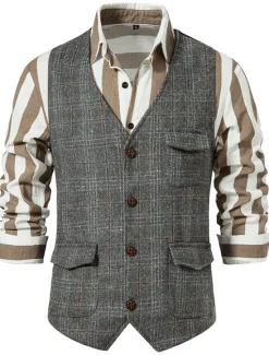 Best OUKU Men's Vest Waistcoat Daily Wear Vacation Going out Vintage British Spring & Fall Button Polyester Comfortable Plaid Single Breasted Lapel Regular Fit Grey Black khaki Vest