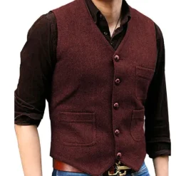 Online OUKU Men's Vest Waistcoat Daily Wear Vacation Going out Fashion Basic Spring & Fall Button Polyester Comfortable Plain Single Breasted V Neck Regular Fit Black Red Dark Navy Ocean Blue Vest