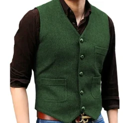 Online OUKU Men's Vest Waistcoat Daily Wear Vacation Going out Fashion Basic Spring & Fall Button Polyester Comfortable Plain Single Breasted V Neck Regular Fit Black Red Dark Navy Ocean Blue Vest