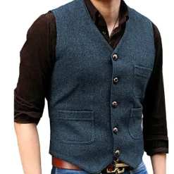 Online OUKU Men's Vest Waistcoat Daily Wear Vacation Going out Fashion Basic Spring & Fall Button Polyester Comfortable Plain Single Breasted V Neck Regular Fit Black Red Dark Navy Ocean Blue Vest