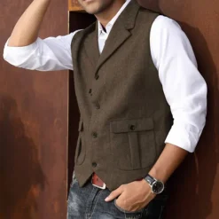 New OUKU Men's Vest Waistcoat Daily Wear Vacation Going out Retro Vintage Spring & Fall Button Polyester Comfortable Plain Single Breasted V Neck Regular Fit Black Dark Navy Coffee Gray Vest