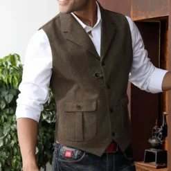 New OUKU Men's Vest Waistcoat Daily Wear Vacation Going out Retro Vintage Spring & Fall Button Polyester Comfortable Plain Single Breasted V Neck Regular Fit Black Dark Navy Coffee Gray Vest
