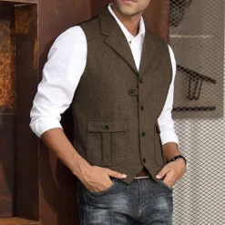 New OUKU Men's Vest Waistcoat Daily Wear Vacation Going out Retro Vintage Spring & Fall Button Polyester Comfortable Plain Single Breasted V Neck Regular Fit Black Dark Navy Coffee Gray Vest