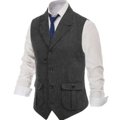 New OUKU Men's Vest Waistcoat Daily Wear Vacation Going out Retro Vintage Spring & Fall Button Polyester Comfortable Plain Single Breasted V Neck Regular Fit Black Dark Navy Coffee Gray Vest