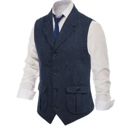 New OUKU Men's Vest Waistcoat Daily Wear Vacation Going out Retro Vintage Spring & Fall Button Polyester Comfortable Plain Single Breasted V Neck Regular Fit Black Dark Navy Coffee Gray Vest