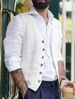 Discount OUKU Men's Vest Waistcoat Daily Wear Vacation Going out Fashion Basic Spring & Fall Button Cotton Polyester Comfortable Plain Single Breasted V Neck Regular Fit White Black Dark Blue Vest