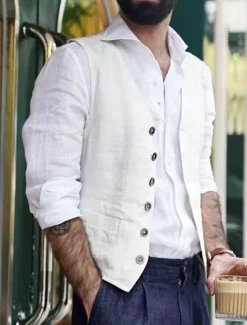 Discount OUKU Men's Vest Waistcoat Daily Wear Vacation Going out Fashion Basic Spring & Fall Button Cotton Polyester Comfortable Plain Single Breasted V Neck Regular Fit White Black Dark Blue Vest