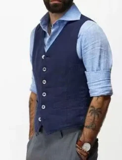 Discount OUKU Men's Vest Waistcoat Daily Wear Vacation Going out Fashion Basic Spring & Fall Button Cotton Polyester Comfortable Plain Single Breasted V Neck Regular Fit White Black Dark Blue Vest