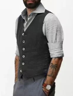 Discount OUKU Men's Vest Waistcoat Daily Wear Vacation Going out Fashion Basic Spring & Fall Button Cotton Polyester Comfortable Plain Single Breasted V Neck Regular Fit White Black Dark Blue Vest