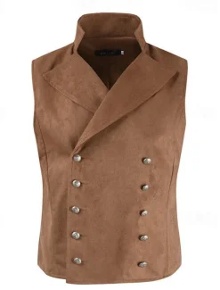 Hot OUKU Men's Vest Waistcoat Daily Wear Vacation Going out Vintage Fashion Spring & Fall Button Polyester Comfortable Plain Double Breasted Lapel Regular Fit Black Royal Blue Brown Rose Red Vest