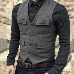 Discount OUKU Men's Vest Waistcoat Daily Wear Vacation Going out Fashion Basic Spring & Fall Button Polyester Comfortable Plain Single Breasted V Neck Regular Fit Black Dark Navy Dark Green Brown Vest