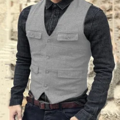 Discount OUKU Men's Vest Waistcoat Daily Wear Vacation Going out Fashion Basic Spring & Fall Button Polyester Comfortable Plain Single Breasted V Neck Regular Fit Black Dark Navy Dark Green Brown Vest