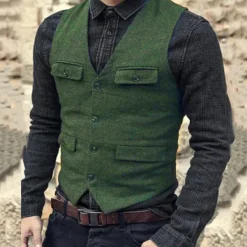 Discount OUKU Men's Vest Waistcoat Daily Wear Vacation Going out Fashion Basic Spring & Fall Button Polyester Comfortable Plain Single Breasted V Neck Regular Fit Black Dark Navy Dark Green Brown Vest