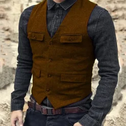 Discount OUKU Men's Vest Waistcoat Daily Wear Vacation Going out Fashion Basic Spring & Fall Button Polyester Comfortable Plain Single Breasted V Neck Regular Fit Black Dark Navy Dark Green Brown Vest