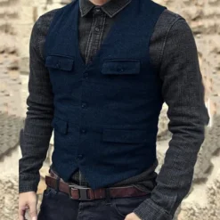 Discount OUKU Men's Vest Waistcoat Daily Wear Vacation Going out Fashion Basic Spring & Fall Button Polyester Comfortable Plain Single Breasted V Neck Regular Fit Black Dark Navy Dark Green Brown Vest
