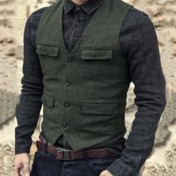 Discount OUKU Men's Vest Waistcoat Daily Wear Vacation Going out Fashion Basic Spring & Fall Button Polyester Comfortable Plain Single Breasted V Neck Regular Fit Black Dark Navy Dark Green Brown Vest