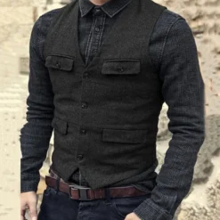 Discount OUKU Men's Vest Waistcoat Daily Wear Vacation Going out Fashion Basic Spring & Fall Button Polyester Comfortable Plain Single Breasted V Neck Regular Fit Black Dark Navy Dark Green Brown Vest