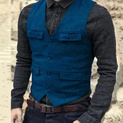 Discount OUKU Men's Vest Waistcoat Daily Wear Vacation Going out Fashion Basic Spring & Fall Button Polyester Comfortable Plain Single Breasted V Neck Regular Fit Black Dark Navy Dark Green Brown Vest