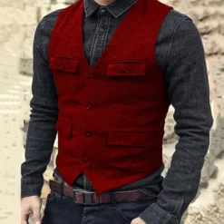 Discount OUKU Men's Vest Waistcoat Daily Wear Vacation Going out Fashion Basic Spring & Fall Button Polyester Comfortable Plain Single Breasted V Neck Regular Fit Black Dark Navy Dark Green Brown Vest