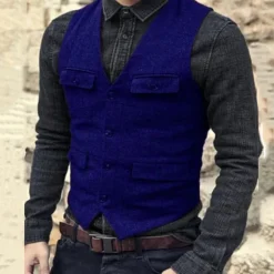 Discount OUKU Men's Vest Waistcoat Daily Wear Vacation Going out Fashion Basic Spring & Fall Button Polyester Comfortable Plain Single Breasted V Neck Regular Fit Black Dark Navy Dark Green Brown Vest