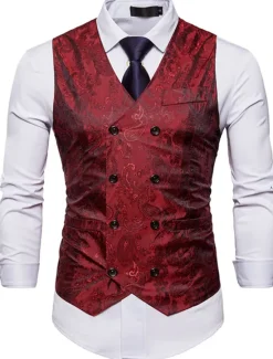 New OUKU Men's Vest Waistcoat Formal Wedding Party Stage Smart Casual Polyester Geometric V Neck Regular Fit Black White Yellow Blue Vest
