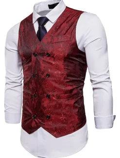 New OUKU Men's Vest Waistcoat Formal Wedding Party Stage Smart Casual Polyester Geometric V Neck Regular Fit Black White Yellow Blue Vest