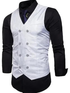 New OUKU Men's Vest Waistcoat Formal Wedding Party Stage Smart Casual Polyester Geometric V Neck Regular Fit Black White Yellow Blue Vest