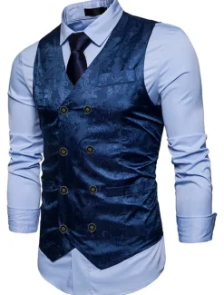 New OUKU Men's Vest Waistcoat Formal Wedding Party Stage Smart Casual Polyester Geometric V Neck Regular Fit Black White Yellow Blue Vest