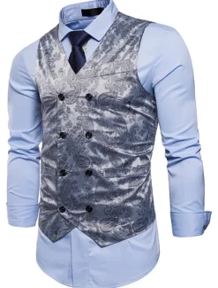 New OUKU Men's Vest Waistcoat Formal Wedding Party Stage Smart Casual Polyester Geometric V Neck Regular Fit Black White Yellow Blue Vest