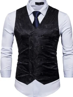 New OUKU Men's Vest Waistcoat Formal Wedding Party Stage Smart Casual Polyester Geometric V Neck Regular Fit Black White Yellow Blue Vest