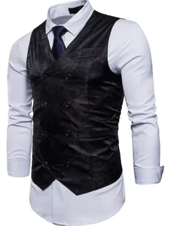 New OUKU Men's Vest Waistcoat Formal Wedding Party Stage Smart Casual Polyester Geometric V Neck Regular Fit Black White Yellow Blue Vest