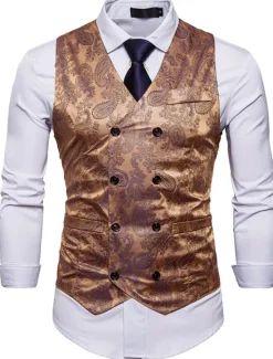 New OUKU Men's Vest Waistcoat Formal Wedding Party Stage Smart Casual Polyester Geometric V Neck Regular Fit Black White Yellow Blue Vest