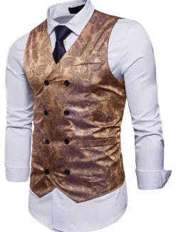 New OUKU Men's Vest Waistcoat Formal Wedding Party Stage Smart Casual Polyester Geometric V Neck Regular Fit Black White Yellow Blue Vest
